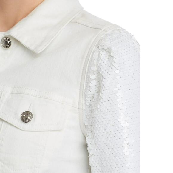 GENERATION LOVE Rosie sequined sleeve white raw hem denim jeans jacket Sz L NEW - Picture 6 of 9